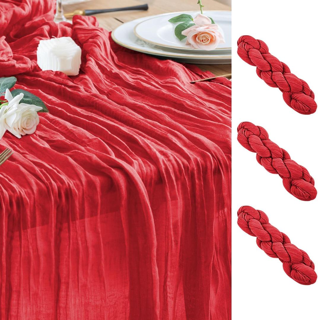 Wokceer Cheesecloth Table Runner 3Pack 10FT Red Boho Gauze Christmas Cheese Cloth Table Runner for Party Easter Rustic Sheer Table Runners for Baby Bridal Shower Wedding Table Decor, Red