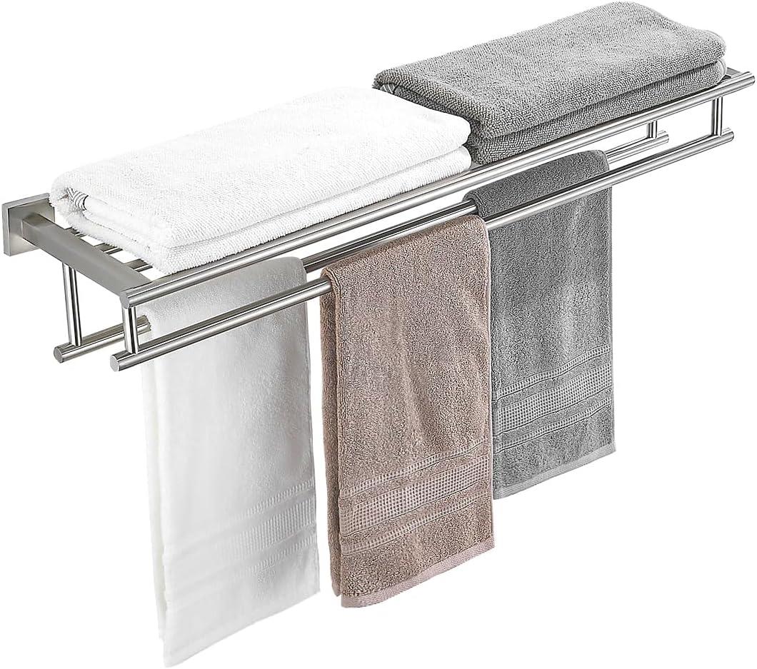 Towel Rack with Shelf 32 Inch Double Towel Racks for Bathroom Brushed Nickel Bath Towel Holder SUS304 Stainless Steel Towel Rack Wall Mounted Modern Towel Hanger