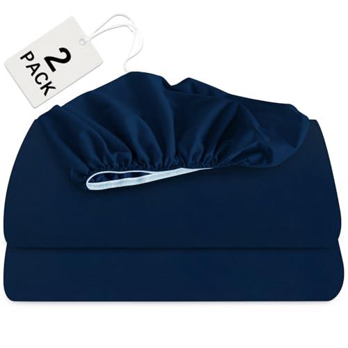 Biloban Twin XL Fitted Sheet 2 Pack, Twin XL Bedding Fitted Sheets Only with Deep Pocket up to 14", Bottom Sheet, Shrinkage & Stain Resistant Fitted Bed Sheets, Wrinkle Free & Easy Care, Navy Blue