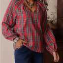 GORGLITTER Women's Plaid Shirt Long Sleeve V Neck Vintage Fall Blouses Bishop Going Out Tops (L)