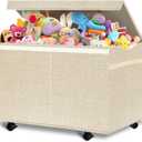 VERONLY Large Kids Toy Box Storage Chest with 360Wheels,Toy Box with Lid for Boys, Girls,Collapsible Sturdy Toy Storage Bins Containers for Stuffed Animals, Clothes, Bedroom, Nursery, Playroom -Beige
