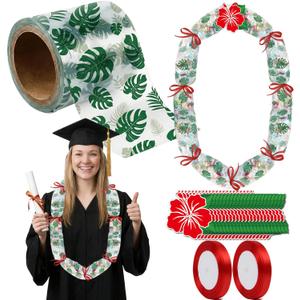 Graduation Candy Lei Making Kit, 23 Pcs 2026 Grad Hawaiian Candy Leis Tubing Set with Rolls Ribbons and Green Hibiscus Cards for College High School Congrats Graduate Party Supplies Gifts