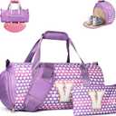 Tween Girl Gifts Trendy Stuff, Girls Travel Duffel Bag, Kids Initial Overnight Bags with Shoe Compartment, Personalized Gym Ballet Dance Bag with Makeup Pouch, Gift for Teenager (Letter V) (Rainbow Purple)