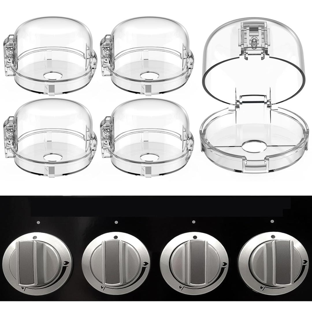 Stove Knob Safety Covers, for Knob Diameter Less Than 2.4", Press Gas Stove Knob Locks, Unlock with Two-Finger, Oven Knob Covers for Child Safety, Clear, Pack of 5