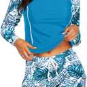 Women's Long Sleeves Rash Guard - 2 Piece Swimsuits with Built in Bra Swim Shirt and Shorts with Pockets, M