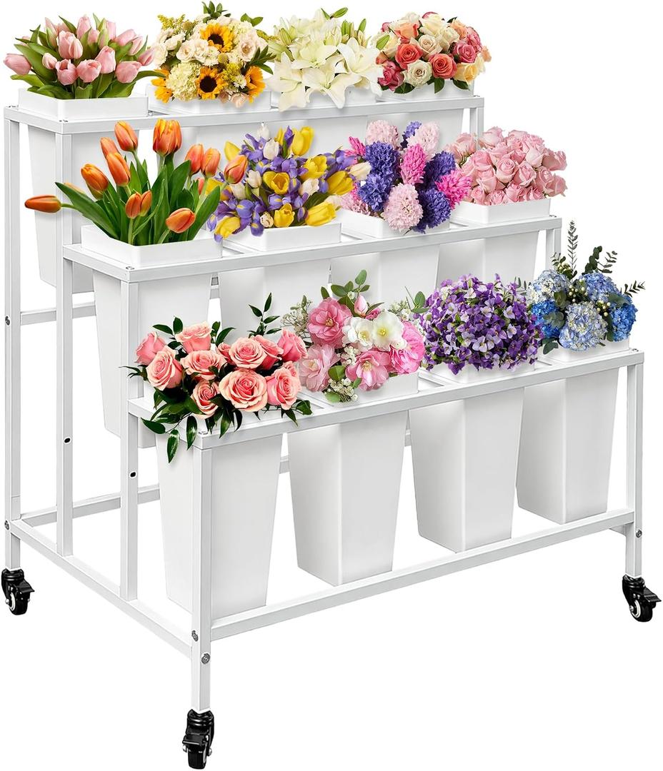 PROLEE Flower Stand with 12 Buckets, Flower Display Stand with Wheels, Flower Cart, Moving Florist Bouquet Shelf, Rectangular, White