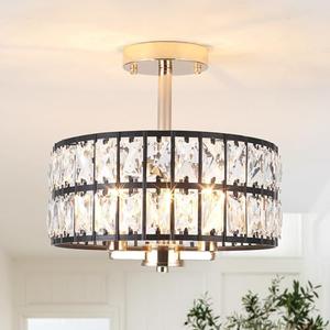 Bed Bath & Beyond 3-Light Crystal Ceiling Light Fixture Semi Flush Mount Chandelier with Drum Shade Black/French Gold