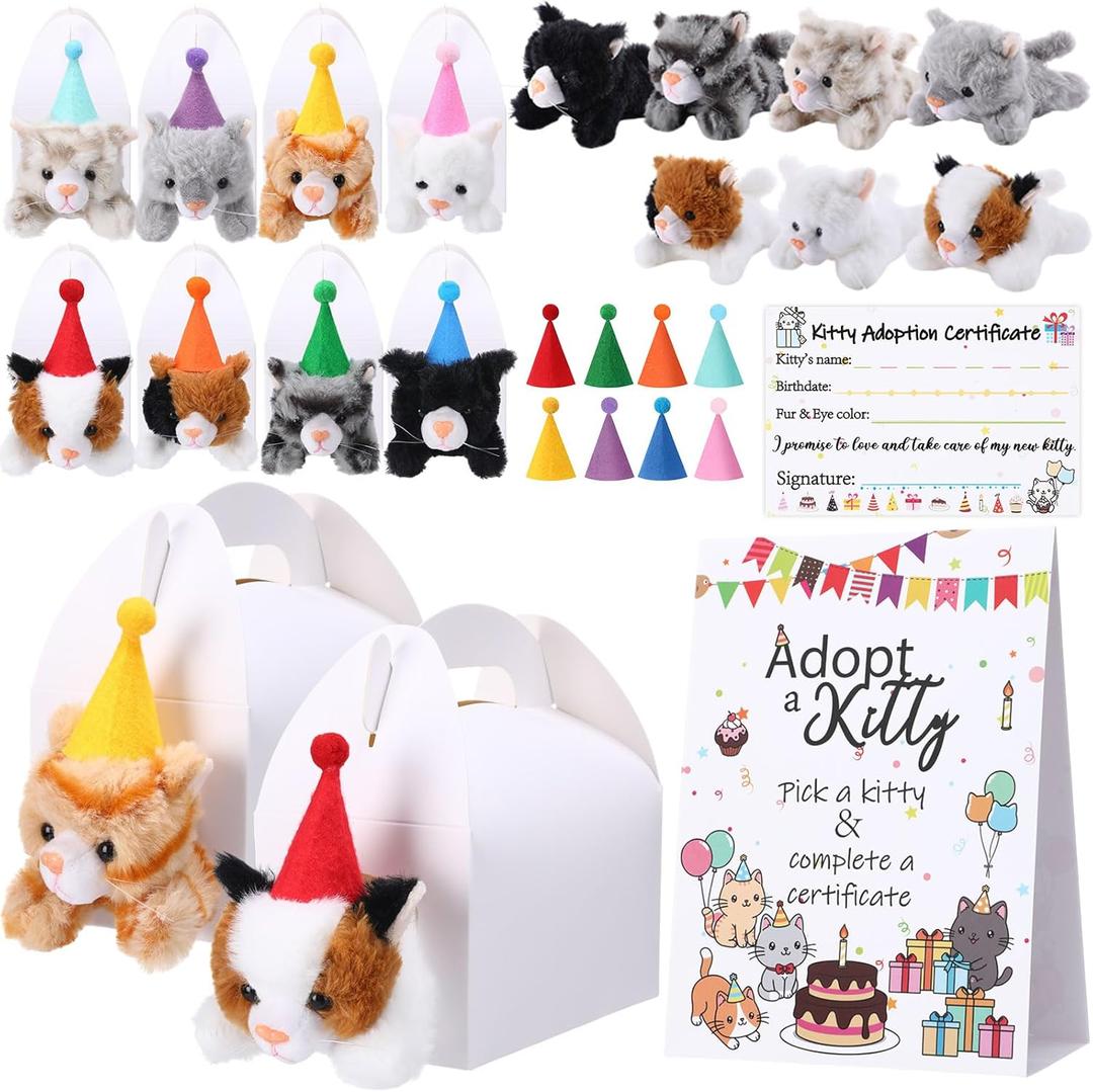 HyDren 33 Pcs Adopt Party Favors Include Adoption Sign Animal Adoption Plush Certificate Pet Stuffed Birthday Hats Paper Boxes White for Adopt an Animal(8 Kitty)