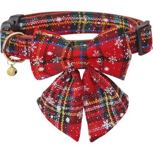 Christmas Dog Collar Snowflake Classic Plaid Adjustable with Cute Bow Tie and Bells (Medium, Bow-Red)