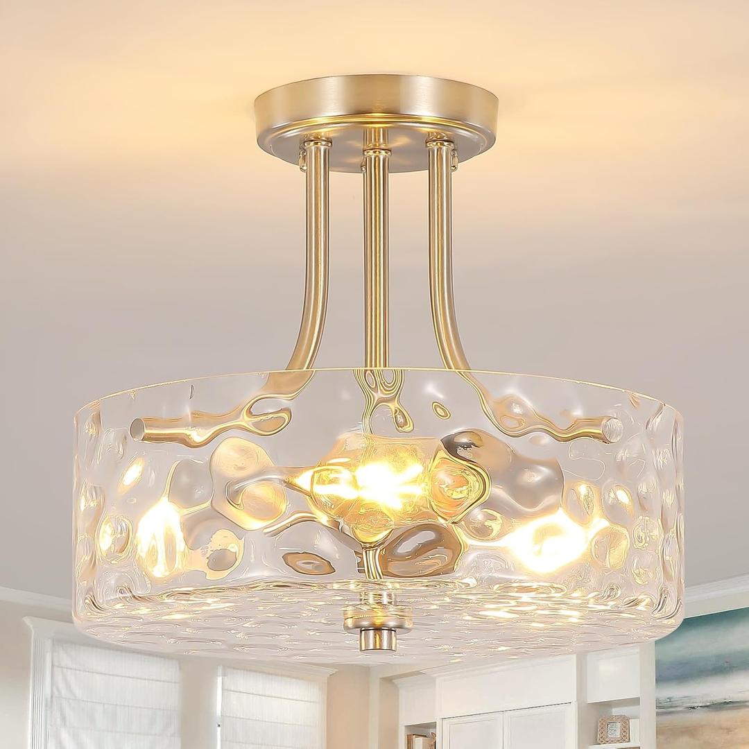 Brushed Nickel Semi Flush Mount Ceiling Light, 11.8" Foyer Lighting Fixtures, 3-Light Modern Glass Entryway Hallway Light Fixture for Dining Room Kitchen Bedroom Laundry Room
