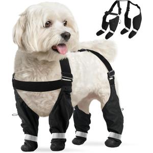 Waterproof Dog Suspender Boots, Reflective Anti-Slip Dog Shoes with Adjustable Straps for Small Dogs, Stay-On Dogs Paw Protector Leggings for Outdoor Walking, Rain & Snow Hiking (Black,S)