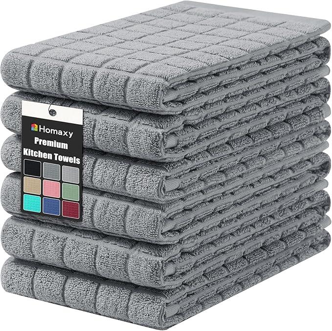 Homaxy Premium Cotton Kitchen Towels 16"x 28", Large Natural Ring Spun 390 GSM Dish Towels, Super Absorbent Terry Kitchen Hand Towels, Soft Tea Towels with Hanging Loop, Grey Check Design, 6 Pack