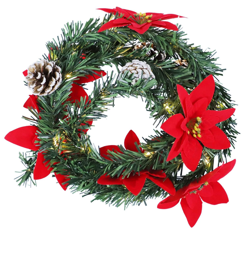 Lurrose Christmas Poinsettia Garland Poinsettia Christmas Decorations Christmas Lighted Garland with Pine Cones Artificial Chritmas Garland for Garden Home Winter New Year Decorations