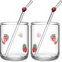 Skylety 2 Set Strawberry Icon Juice Glass Cups - Icon Glass Cup with 2 Straw 14 oz Double Old Fashioned Cute Pattern Glassware for Tea, Water, Milk, Coffee, Parties Gifts