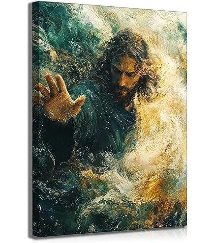 Hands of Jesus Wall Art The Hand of God Jesus Reaching Into Water Christ Religion Canvas Wall Decor Blue Ocean Bible Pictures Posters Prints Paintings for Living Room Bedroom Church Decor 24x36 Framed