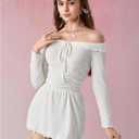 SHENHE Women's Off Shoulder Dress Long Sleeve Ruffle Ribbed Nightgowns Babydoll Lingerie Set (White, M)