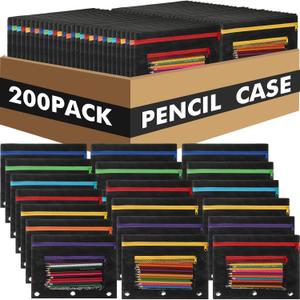 Zhehao 200 Pcs Pencil Pouches for 3 Ring Binder, Bulk Zipper Pencil Pouch Pen Case with Mesh Window Cloth Double Pocket 3 Hole Bag for Storing School Office Supplies (Black)