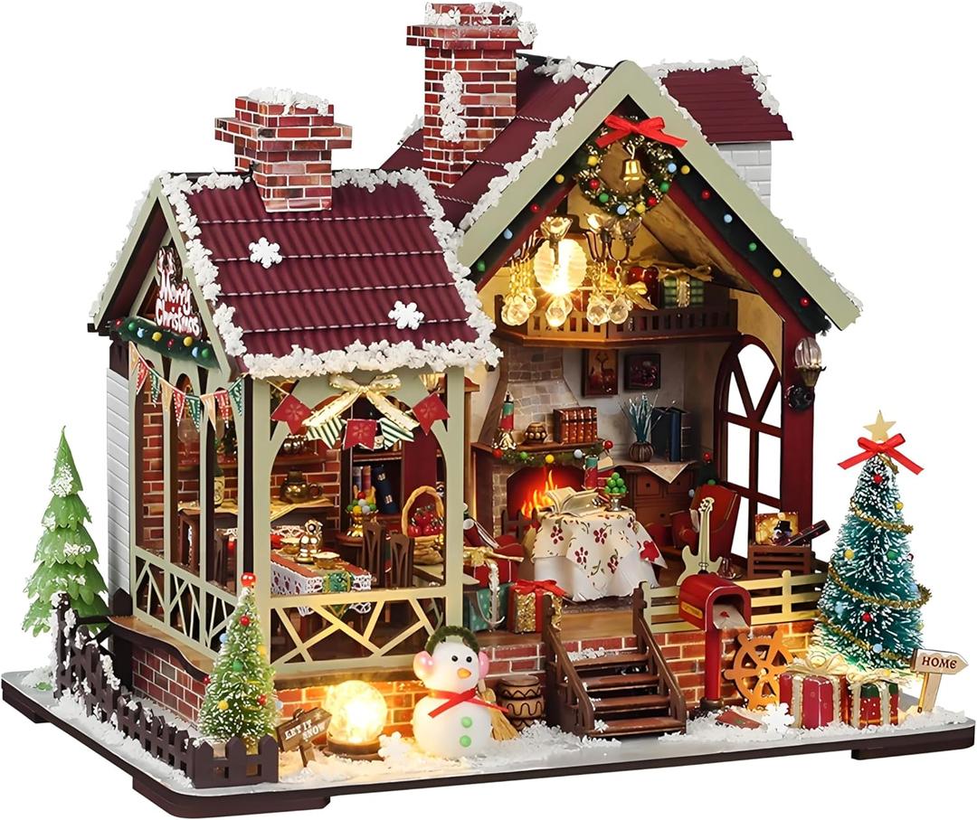 DIY Christmas Miniature House Kit Mini Wooden Dollhouse Kits for Adults Xmas Eve Snowflakes Building with LED Light, Diorama Model Birthday Gifts for Family/Friends