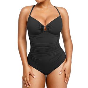 SHAPELLX Womens Swimsuits Tummy Control Bathing Suit Slimming One Piece U-Ring Shapewear Swimwear with Ruched Waist (Black,Large)