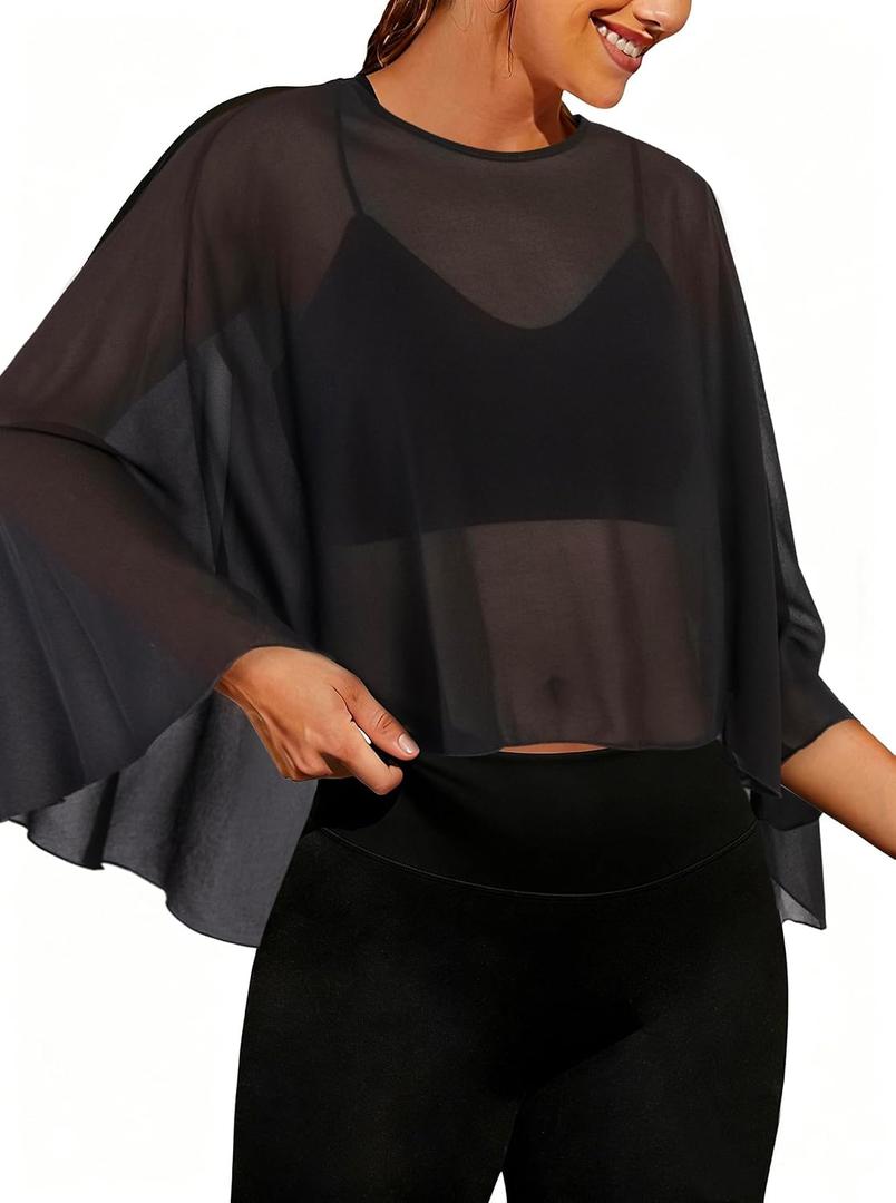 Hilinker Women's Mesh Shrug Sheer Poncho Split Open Back Workout Cover Up Tops Summer Black X-Large (Black)