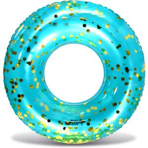 POZA Inflatable Pool Float Tube  Sparkly Confetti Swim Ring, Heavy Duty UV Resistant Inflatable Tube Pool Float for Kids & Adults  Multiple Colors & Sizes  Beach, Lake & Pool Party Float (36", Blue Gold)