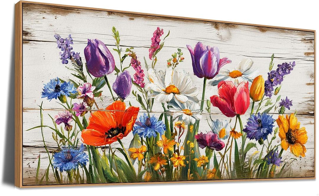 Sorbrozo Floral Wall Art Rustic Wood Background with Tulips Daisies Poppies Colorful Wildflower Canvas Print 24x48in