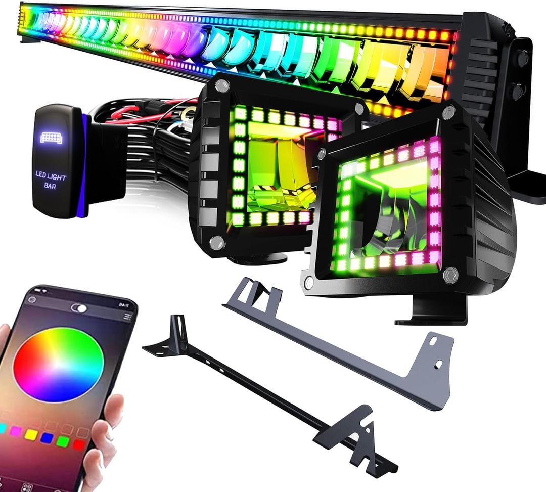 52" RGB LED Light Bar + 2X 4 Flood LED Pods with Multi-Color Chasing Halo, 16 Solid Colors, Upper Windshield Mounting Brackets for Wrangler JK 2007-2018 with Wiring Harness
