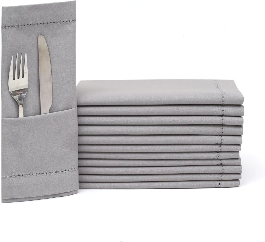 Lightnpro Decorative Cloth Dinner Napkins with Hemstitched, Wedding, Cocktail & Party Napkins, Mitered Corners, Machine Washable, 12 Elegant Table Napkins for Special Occasions - 18x18 Inch Ash Grey