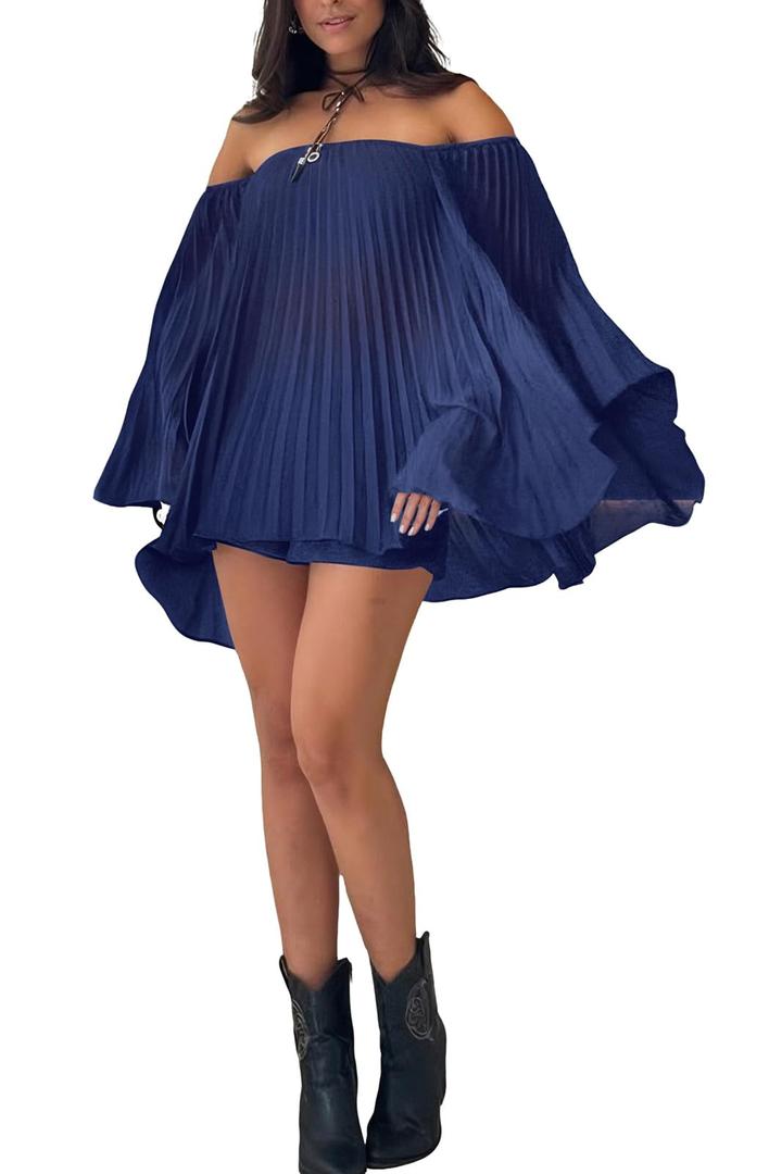 Annystore Pleated Shorts Sets Women 2 Piece Outfits Casual Off Shoulder Bell Sleeve Flowy Swing Oversized Shirt Short Pants Summer Lounge Plisse Set Deep Blue Large