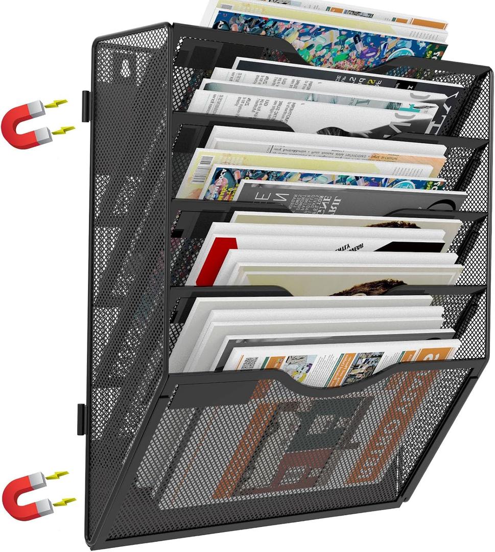 5 Tier Magnetic File Holder for File Cabinets, Refrigerator, Whiteboard, Office, No Drilling Installation Large Capacity Black Magnetic File Holder