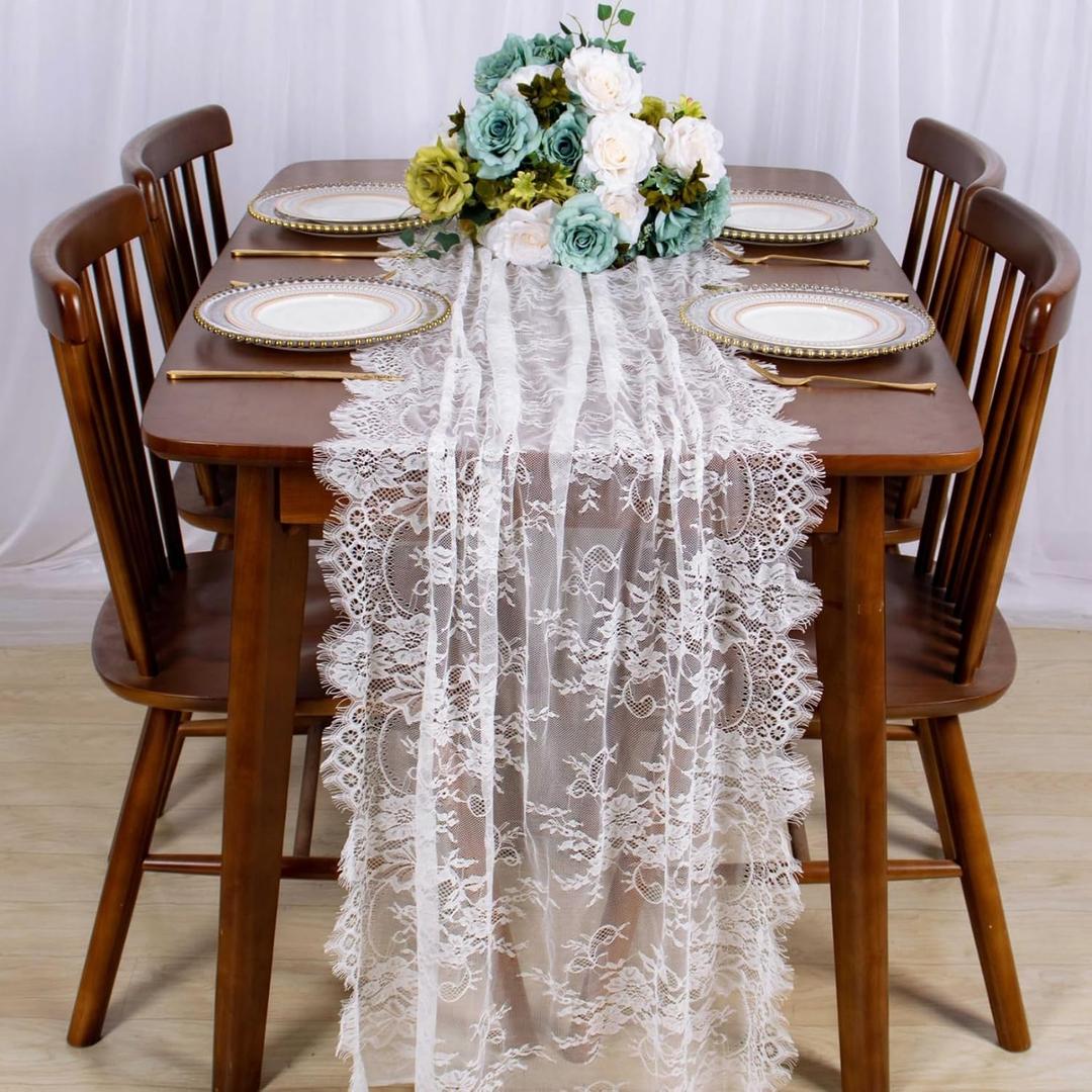 ShinyBeauty 30x120 Inch White Lace Table Runner - Rustic Boho Party Table Linen for Wedding, Christmas, and Special Events
