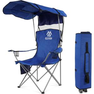 Camping Chair, Oversized Folding Chair with Canopy, Portable Outdoor Chair with Arms, Cup Holder and Carry Bag for Camping, Fishing, Beach, and Sports, Blue