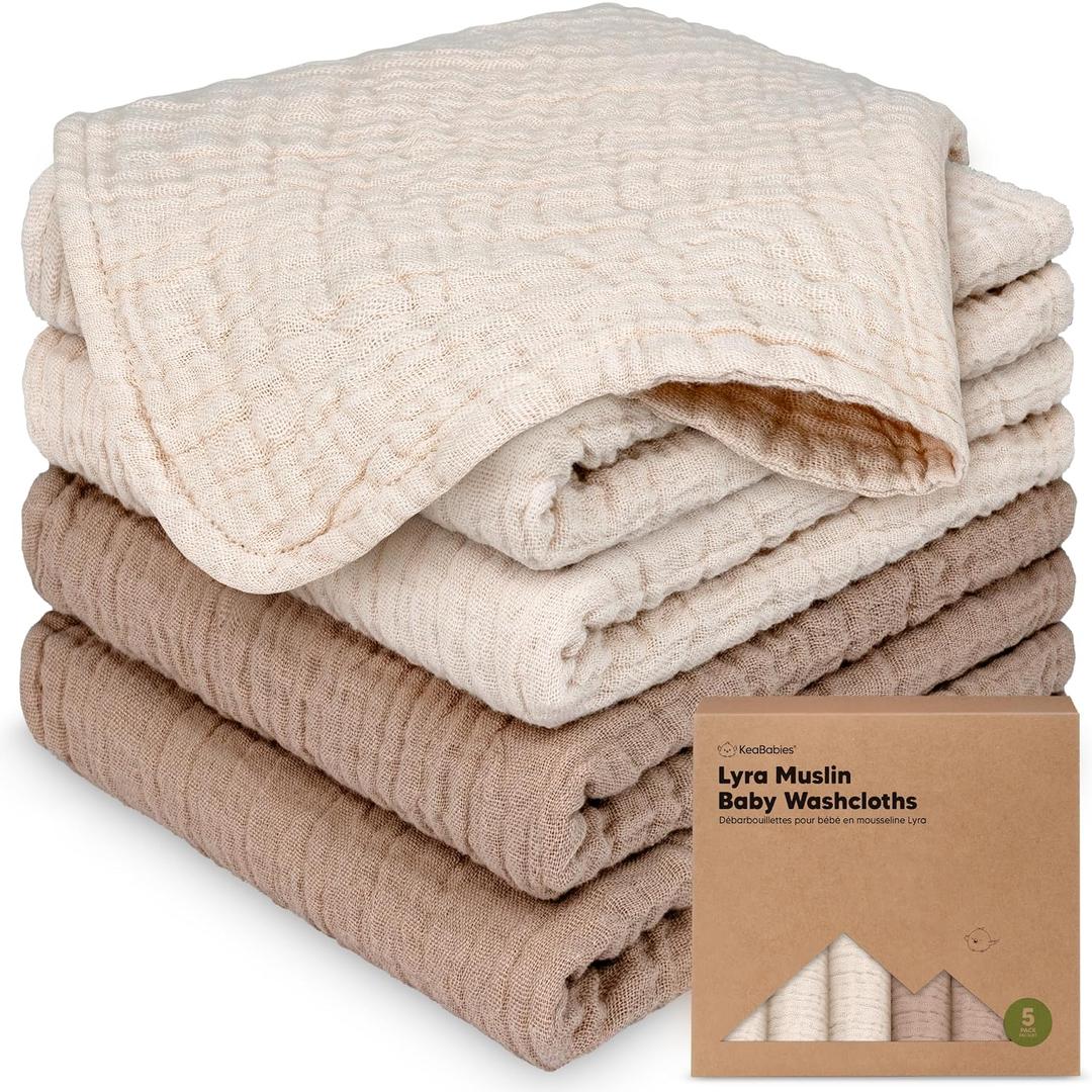 5-Pack Muslin Baby Washcloths for Newborn 12x12" Soft Absorbent Organic Cotton Muslin Wash Cloths for Babies Girl, Boy, Infant, Toddlers, Kids Face Towel, Bath Essentials, Baby Burp Rags (Ecru)