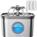 Stainless Steel Cat Water Fountain, 2.8L with 20dB Ultra-Quiet Pump- Ideal for Timid Pets, LED Water Level Window, Dishwasher Safe, 24/7 Circulation- Includes 3 Replacement Filters