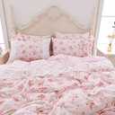 LELVA Romantic Roses Print Duvet Cover Set with Bed Skirt Pink Lace Ruffle Floral Shabby Chic Bedding Sets Full 4 Piece