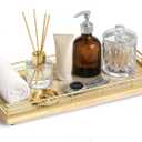 Bathroom Vanity Tray for Countertop, 12" x 6" Oak Wood Toilet Tank Tray with Metal Guardrail, Bathroom Organizer for Soap, Perfume & Skincare, Non-Slip Decorative Tray for Dresser, Gold & Natural Oak