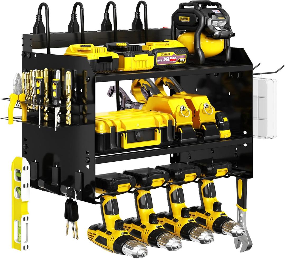 Wide Power Tool Organizer Wall Mount with Charging Station,3 Layer Adjustable Heavy Duty Tool Storage Rack with 8 Outlet Power Strip for Drill,Cordless Tools,Suitable Utility Rack for Garage,Black