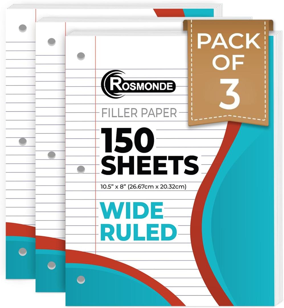 Rosmonde Loose Leaf Paper, 450 Sheets, 3 Pack, 56 gsm Wide Ruled Sheets, 8" x 10.5", Bulk Notebook Paper, 3 Hole Punched, 150 Sheets/Pack, Wide Ruled Paper for Binders, Loose Leaf Office Paper, White