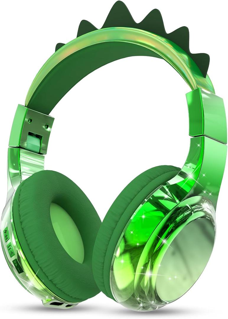QearFun Kids Dinosaur Bluetooth Headphones, 60H Playtime, 74/85/94dB Safe Volume Limit, Metallic Gradient Wireless Headset with Mic, Fast Charging, Foldable, Wired Mode for Girls School/Tablet/Travel (Green)