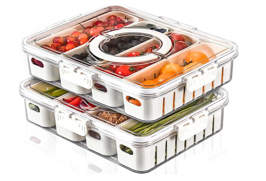 DECHOUS Portable Compartment Snack Container with Handle and Lid Divided Dry Fruit and Nut Storage Box for Travel Picnic Party and Home Snack Organization
