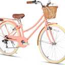 Glerc 20 24 26 Inch Beach Cruiser Bike, 6-Speed Hybrid City Bicycle for Girls Youth and Over 6 Years Old, Missy Bike with Wicker Basket & Lightweight