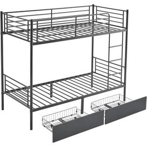 Black Double-Layer bunk Bed, Detachable Iron Bed with Drawers