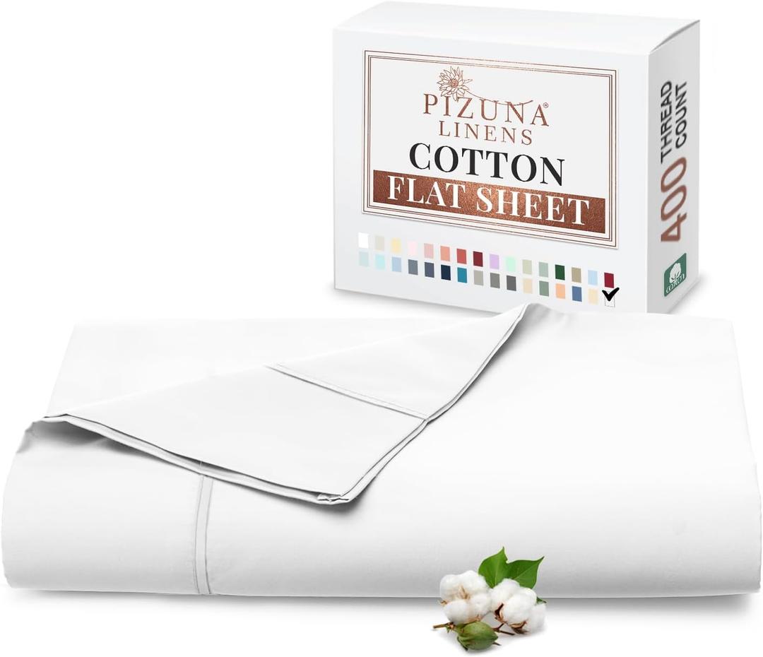 Pizuna Pure 100% Cotton Flat Sheets Only Queen White (1 PC), Luxurious 400 Thread Count Long Staple Cotton Sateen Flat Bed Sheet with 4" Hem (Combed Queen Flat Sheet Only Cotton)