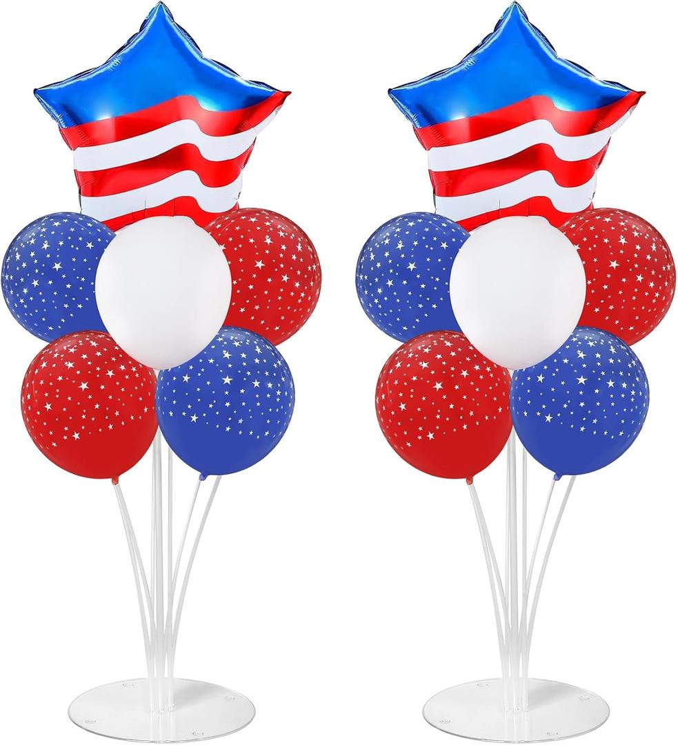 4th of July Balloons Stand Kit 2 Sets with 2 America Flag Star Foil Balloon Patriotic Red White and Blue Party Balloon Centerpiece for Tables for Memorial Day Party Independence Day Themed Decorations