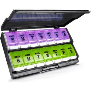 Extra Large Weekly Pill Organizer 2 Times a Day - Remtise Am/Pm Daily Pill Case Medicine Organizer, Push Button 7 Day Pill Box for Pills/Vitamin/Cod Liver Oil/Supplements (Purple & Green)