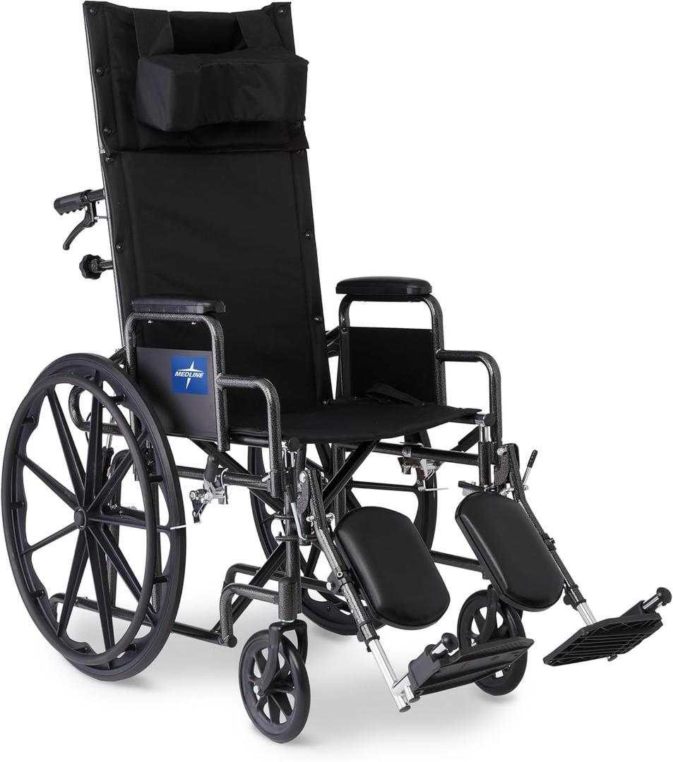 Medline Reclining Wheelchair, Desk-Length Arms and Elevating Leg Rests, 20" x 18" Seat (W x D)