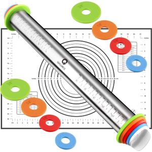 Rolling Pin and Pastry Baking Mat Set, Rolling Pins with Adjustable Thickness Rings, Stainless Steel Dough Roller for Baking Fondant, Pizza, Pie, Pastry, Pasta, Cookies (Black Mat)