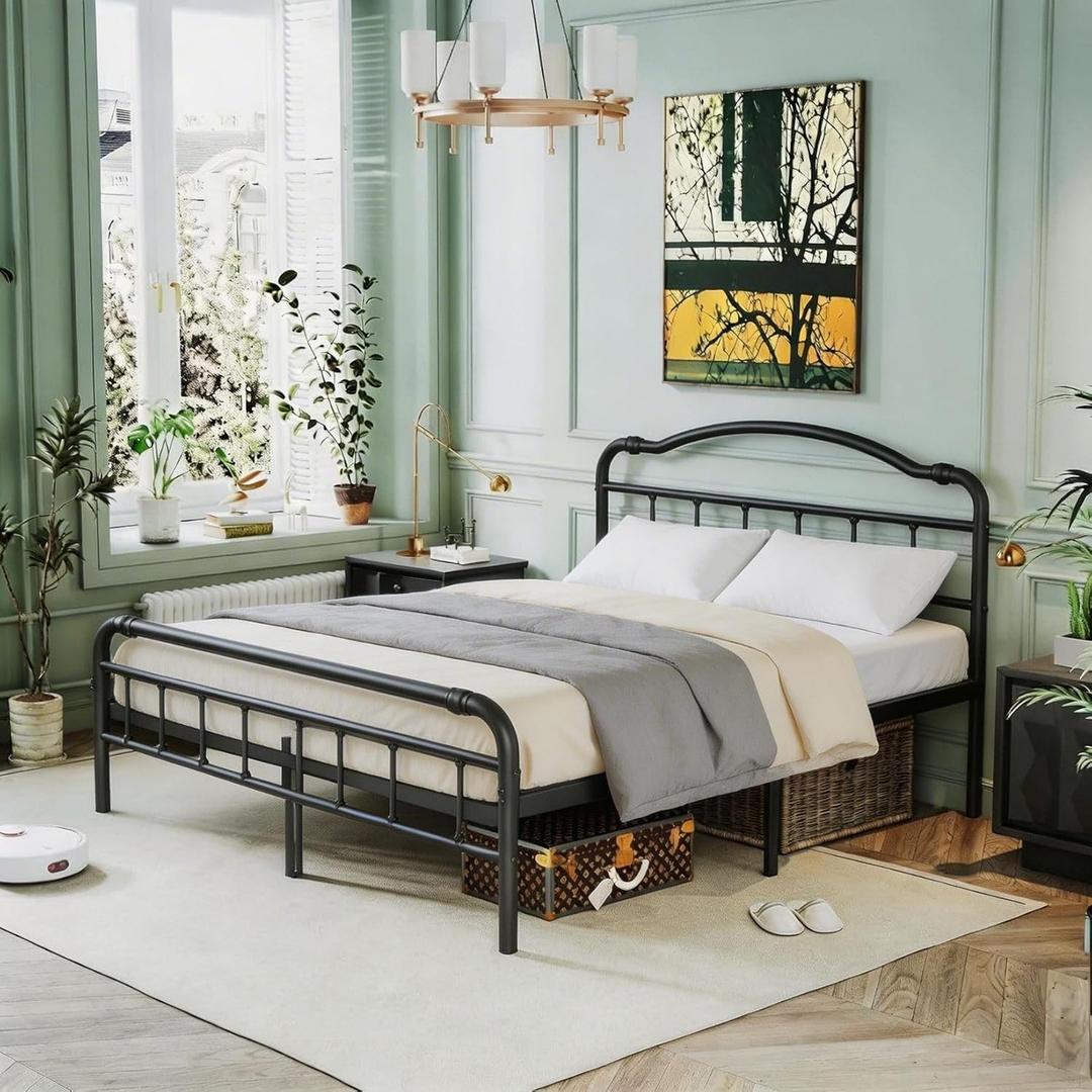 Breezehome 18in Full Size Bed Frame with Vintage Headboard and Footboard, Heavy Duty Metal Platform Bed Frame, No Box Spring Needed, Noise Free, Easy Assembly, Black