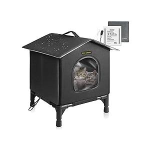Heated Cat House for Indoor Cats in Winter, Waterproof, Fully Insulated Shelter for Stray and Feral Cats, Great for Cat Houses for Outdoor Cat and Cat Beds for Indoor Cats (BlackHeat, Small)