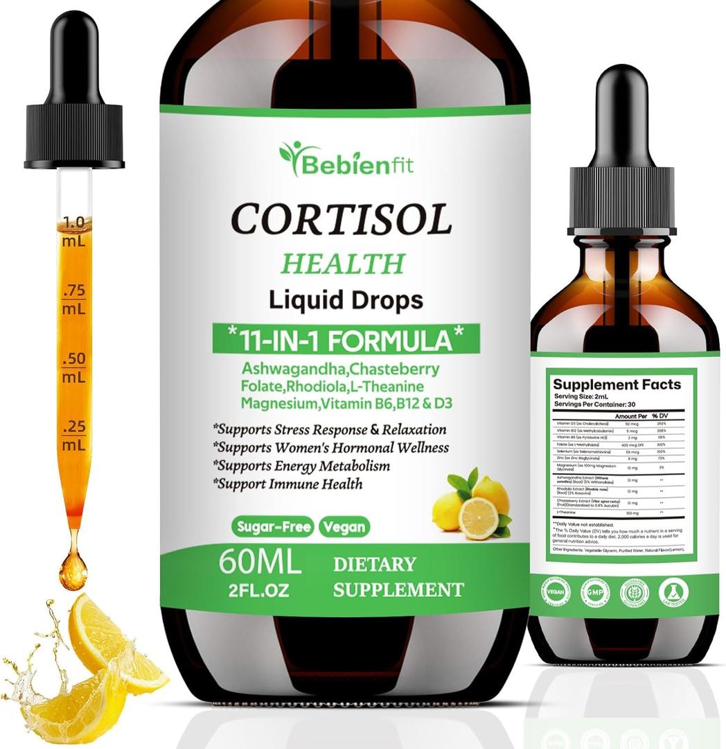 Cortisol Supplements Liquid Drops Hormone Harmony for women,11-in-1 Balance Complex Cortisol Manager with Ashwagandha,Rhodiola,Chasteberry,L-Theanine,Magnesium,Folate,Calm/Mood Support(2 FL.OZ,Lemon)